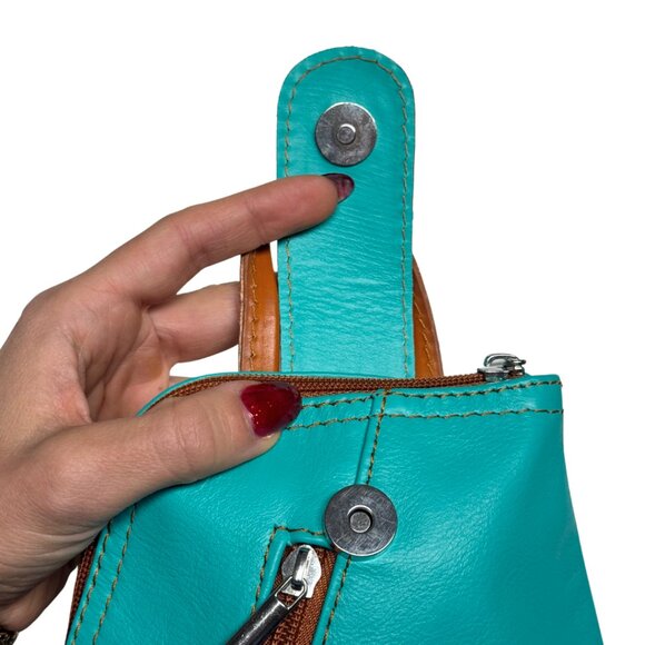 VERA PELLE Italian Genuine Leather Mini Backpack | Mint Green & Tan Brown | New - Picture 8 of 17